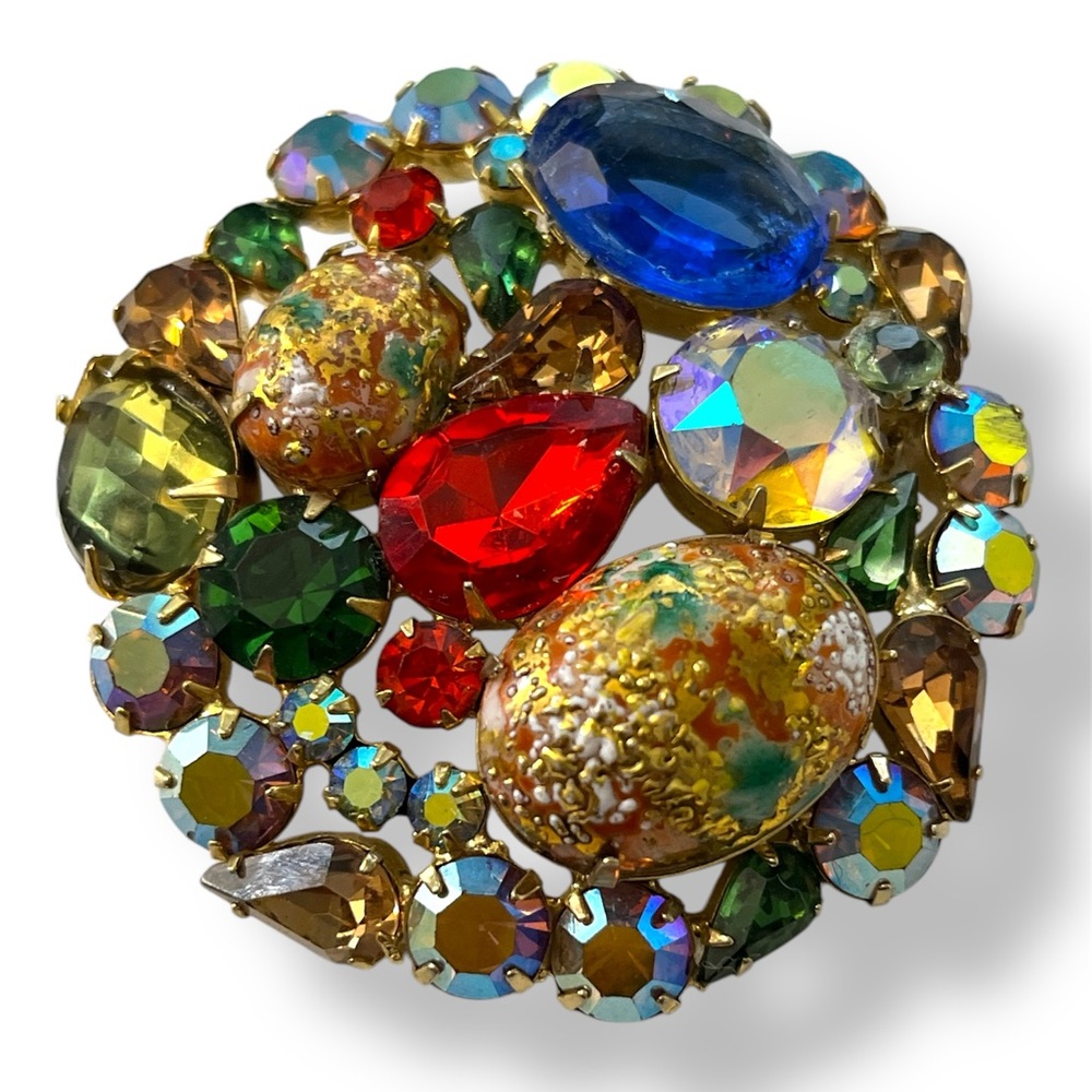 Vtg  Juliana D&E Easter egg glass  rhinestone  gold tone  pin brooch